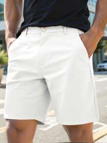 Manfinity Homme 男士纯色宽松弹力腰直筒百慕大短裤，白色男士短裤，白色男士高尔夫短裤，男士及膝短裤，白色牛仔短裤。送给男友或丈夫的绝佳礼物。 - 白色 - 查看 2