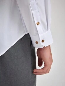 Men's Solid Color Long Sleeve Single-Breasted Casual Formal Business Dress Shirt, Fall Old Money Men's White Dress Shirt Spring To Summer - White - View 4