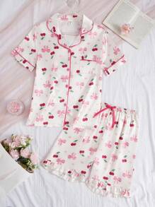 2pcs Summer Pajama Set For Women, Thin Bowknot, Cherry & Heart All-Over Print Short Sleeve Top And Shorts