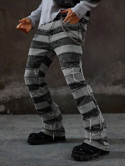 Street Life Men's Casual Distressed Patchwork Denim Jeans With Pockets