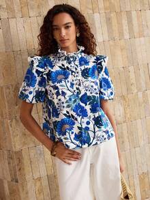 Shutterstock Glamance Blusa de moda con cuello alto, mangas abultadas, botones delanteros y adorno de encaje para salir, elegante y casual para otoño - Azul - Ver 4