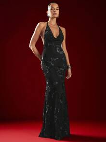 Hauture 女士华丽夜场性感透视花卉刺绣低背围脖领连衣裙 - 万圣节、派对 - 黑色 - 查看 1