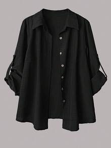 Linhara Plus Size Women's Casual 2 Pieces Set, Solid Color Turndown Collar Single-Breasted Casual/Work Shirt And High Waist Loose Wide Leg Pants Suit Fall Cloth For Women