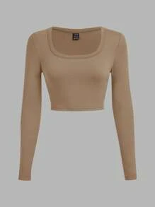 SHEIN EZwear 3件套休闲U领紧身短款长袖T恤，深棕色，卡其色，浅杏色，适合秋冬 - 彩色 - 查看 5