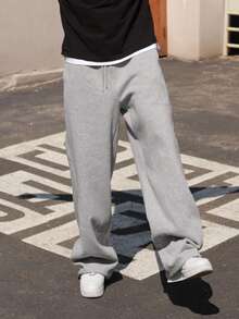 DAZY 男士纯灰色直筒抓绒运动裤，街头风，秋冬男士慢跑裤商务装 - 灰色 - 查看 5