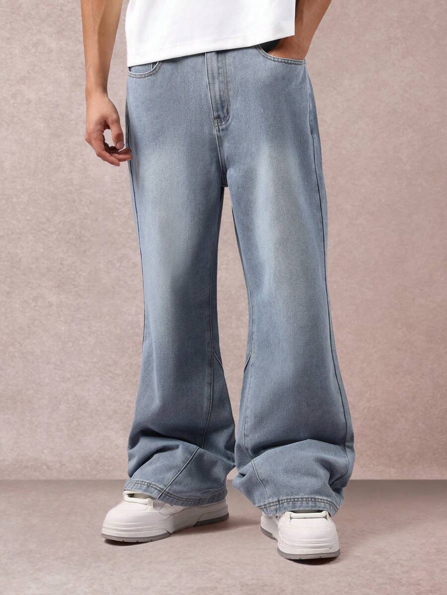 SUMWON 超阔腿喇叭牛仔裤 经典 Y2K 滑板风高腰宽松阔腿裤 街头风长款休闲秋冬裤 纯色 - 淺藍色 - 查看 1