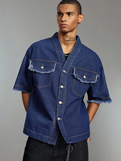 ROMWE MEN Casual 男士休闲无领短袖牛仔上衣