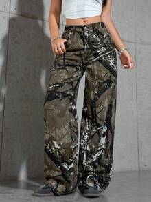 SHEIN ICON Quần jean ống rộng in họa tiết toàn bộ, thường ngày, đa năng - Nhiều màu - Xem 4