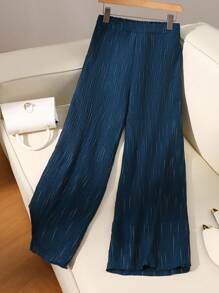 Modelyn Navy Blue Striped Loose Straight Leg Pants, Commuting Fashion Elegant Plus Size Trousers For Women Fall Cloth For Women - Blue - View 1