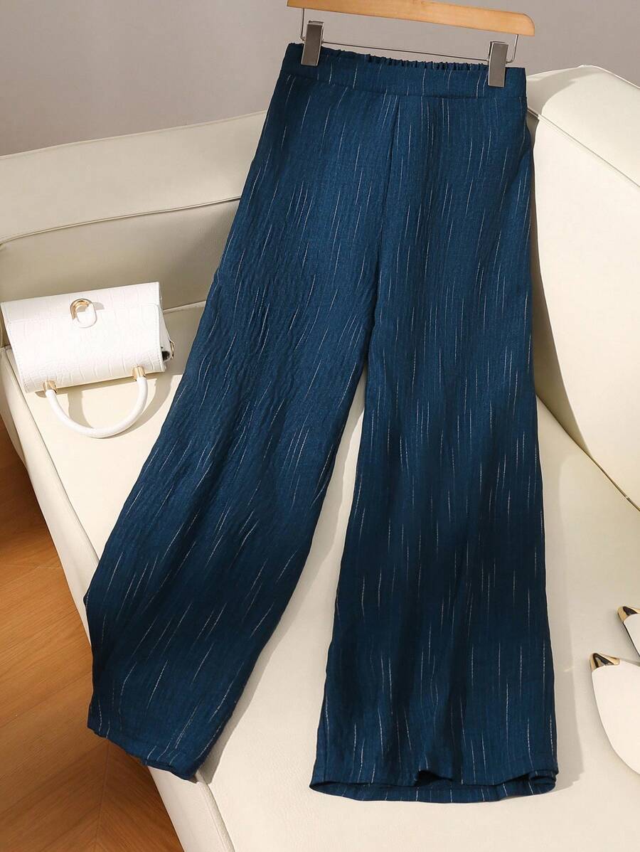 Modelyn Navy Blue Striped Loose Straight Leg Pants, Commuting Fashion Elegant Plus Size Trousers For Women Fall Cloth For Women - Blue - View 1