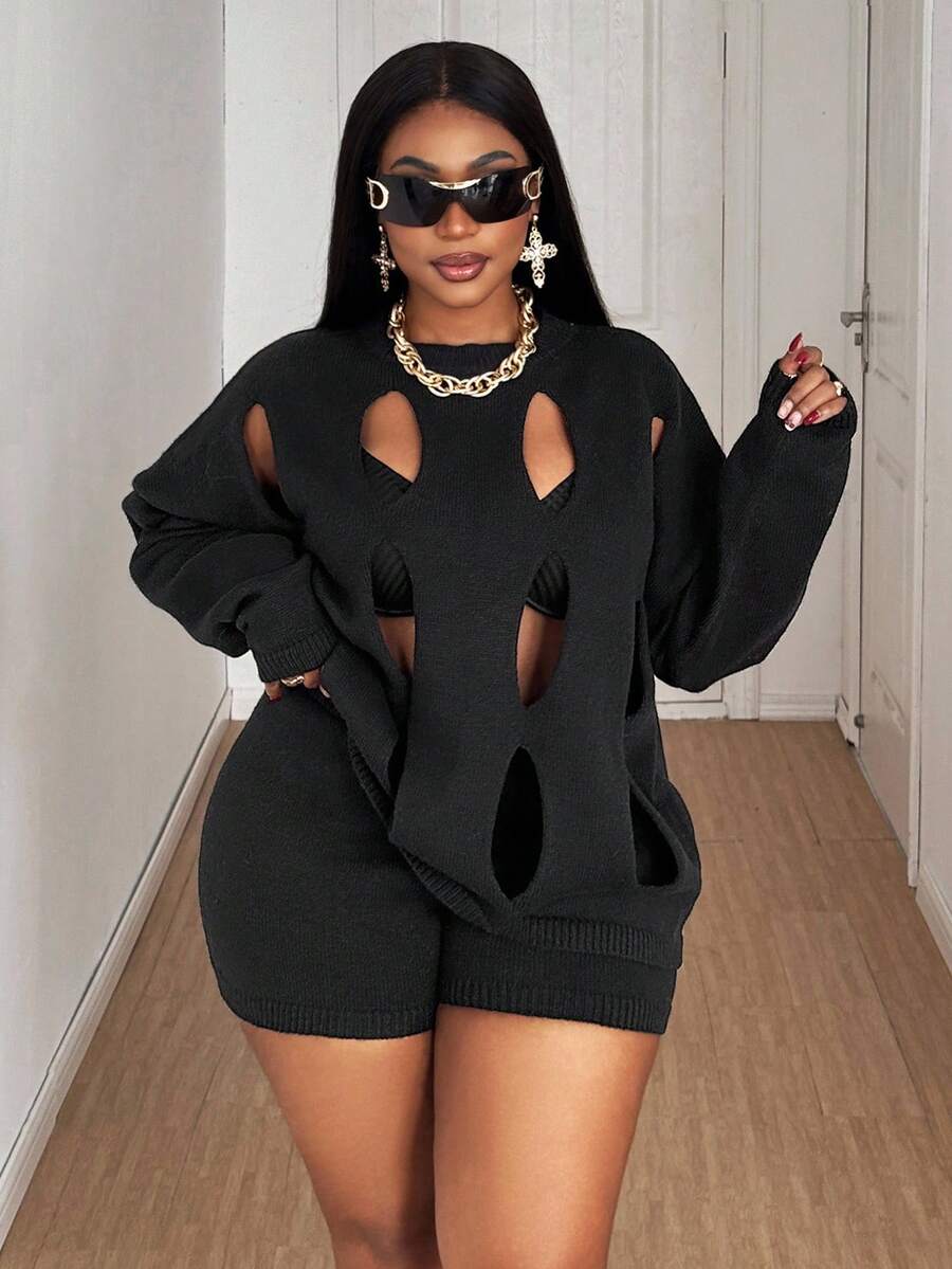 Maweii Plus Size Casual Solid Color Hollow Knit Sweater And Shorts Set Fall Winter Cloth For Women Autumn - Black - View 1