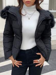 DAZY Women's Autumn/Winter Fitted Padded Coat With Furry Collar And Waist Drawstring Jacket - Black - View 11