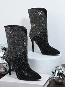 SHUZIA Rhinestone Decor Side Zipper Stiletto Boots - Black - View 2
