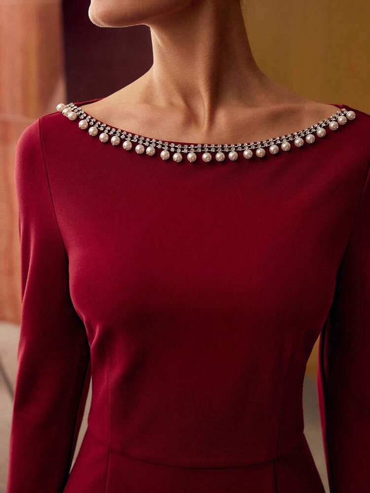 FAUX PEARL TRIM SLIM FIT DRESS