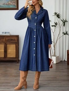EMERY ROSE Women's Autumn Lapel NeckLong Sleeve Single-Breasted Casual Denim Shirt Dress Denim Midi Dress Long Sleeve Denim Dress Blue Jean Dress Women Button Down Denim Dress Casual Denim Dress Casual Midi Dress Denim Dress For Curve Woman - Dark Wash - View 6