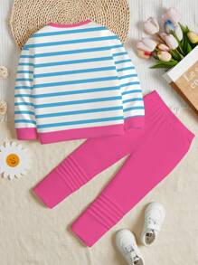 SHEIN Happikins 2pcs/Set Young Girl Casual Blue Striped With "NEW YORK" Print, Contrast Pink, Back To School, College Style, Minimalist Crew Neck Long Sleeve Sweatshirt And Leggings, Suitable For Autumn/Winter Fall - Multicolor - View 3