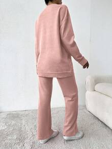 SHEIN Cottnline Ladies Pink Round Neck Sweatshirt And Pants Set - Pink - View 2