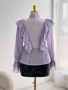 Sweetra Plus Size Women's Elegant Romantic Ruffle V-Neck Long Sleeve Front Button Bowknot Poet Blouse, Spring/Autumn - Purple - View 4