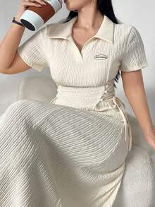 Modelyn Plus Size Polo Collar Textured Fabric Cinched Waist Cinched Waist Dress