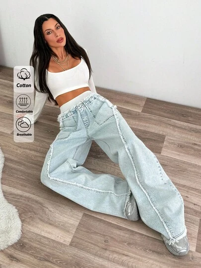EURMUSE WOMEN WIDELEG LIGHT WASH FRINGE DETAIL ON FRONT JEAN Baggy Jeans Y2k Oversized Jeans
