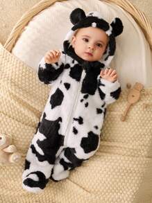 SHEIN Newborn Baby Boy/Girl Toddler Thick Fleece Cow Print Romper, Comfortable Versatile Simple Cow Style All-Match Outfit, Suitable For Indoor, Outdoor, Daily, Sports, Play, Party, Photo Shoot, Holiday, Halloween In Autumn/Winter - Black and White - View 4