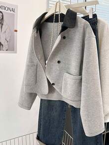 INAWLY Damen Kontrast-Farbblock Kragen Knopfleiste Kurze Lässig Jacke - Grau - Übersicht 3