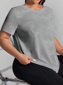 SHEIN Rhythm Era 大码女式休闲圆领短袖运动T恤大码健身上衣女士大码运动服大码健身服曲线健身服宽松健身上衣 - 淺灰色 - 查看 3