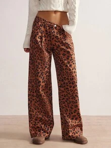 Bohemela Women's Pleated Pocket Leopard Print Wide Leg Loose Casual Jeans,Brown Summer Streetwear Night Out Animal Cheetah Print Pants Clothes - Brown - View 3