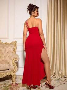 Cravure 大码女式新款单肩落肩露背水钻金色 3D 花卉开叉美人鱼长裙，浪漫适合鸡尾酒会和日常穿着 - 紅色 - 查看 2