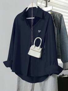 INAWLY 女士休闲蝴蝶结纽扣长袖衬衫 - 藏蓝色 - 查看 1