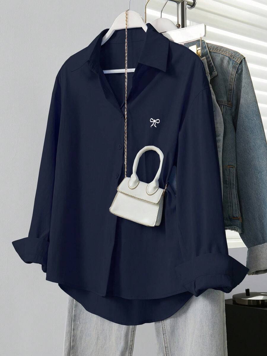 INAWLY 女士休闲蝴蝶结纽扣长袖衬衫 - 藏蓝色 - 查看 1