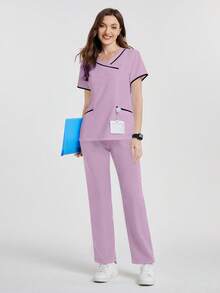 TaskEZ Contrast Trim V-Neck Summer Short Sleeve Scrub Uniform Top - Lilac Purple - View 8