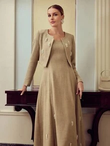 ZEYLAH Women's Floral Decor Long Sleeve Cardigan And Dress Elegant 2 Pieces Set Fall Cloth For Women