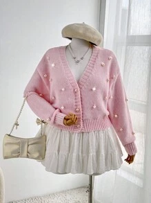 Ceyna Plus Size Women Elegant Solid Color Faux Pearl Decor V-Neck Loose Cardigan, Autumn/Winter Fall For Women, Pink