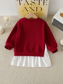 年轻女孩勃艮第圆领串珠长袖白色侧边下摆上衣，适合日常穿着、返校、优雅派对、圣诞节、春秋、秋冬 - 酒紅色 - 查看 2