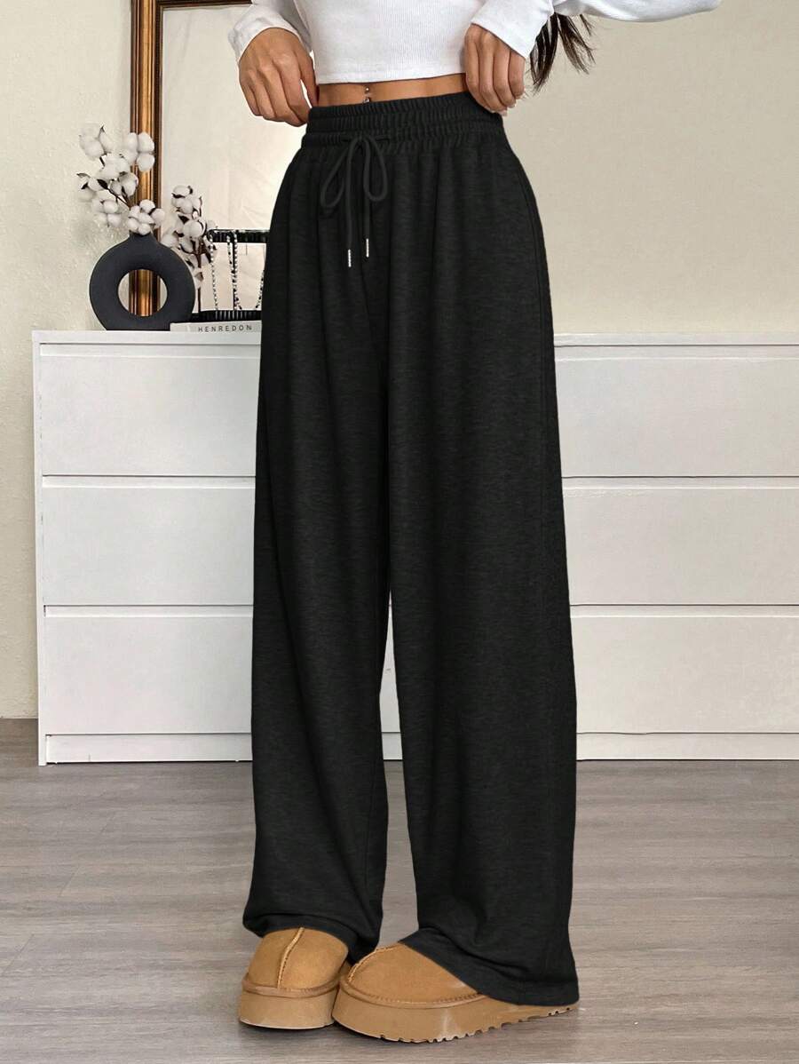 SHEIN EZwear Plus Size Women's Casual Loose Drawstring Wide Leg Sweatpants, Black Loose Pants For Women Elastic Waist Pants Women Lounge Pants Women Casual Pants,Fall Clothes For Women