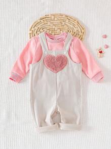 Baby Girls Loose Casual Round Neck Pink Sweatshirt Paired With Heart Pattern Suspender Velvet Pants Set, Autumn/Winter - Pink - View 7