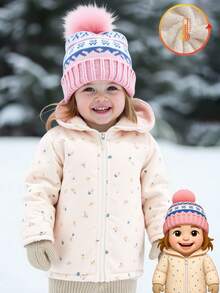 Souflis Souflis 1件女婴碎花连帽保暖外套，杏色，拉链前襟，罗纹袖口和下摆，秋冬季保暖时尚女婴外套，碎花连帽外套，秋季女婴外套 - 白色 - 查看 4