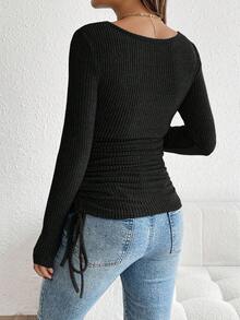 SHEIN 抽绳褶饰孕妇圆领长袖罗纹T恤 - 黑色 - 查看 2