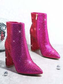 SHUZIA Faux Leather Pointy Toe Block Heel Ankle Booties - Red Violet - View 3