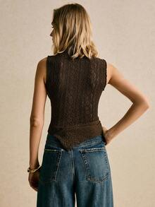 Poéselle Women's Vest, Textured Fabric, High Collar, Asymmetrical Hem, Brown Vest, Women's Tops Women's Stand Collar Textured Design Asymmetric Hem Fitted Fashion Tank Top Going Out Tops For Women Brown Tops Fall Clothes For Women Autumn Clothes Autumn Outfits For Women Winter Clothes For Women Dress New Year Women's Outfit Going Out Outfit