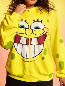 SpongeBob SquarePants | SHEIN 加大码卡通图案拉链连帽长袖卫衣 黄色拉链卫衣 印花卫衣 女款卫衣 可爱卫衣 黄色经典街头时尚可爱卡通表情印花宽松连帽卫衣 黄色卫衣 可爱卫衣 卡通卫衣 - 黃色 - 查看 6