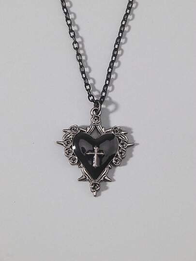 1pc Gothic Retro Dark Style Thorn Rose Cross Pendant Necklace, Holiday Party Gift