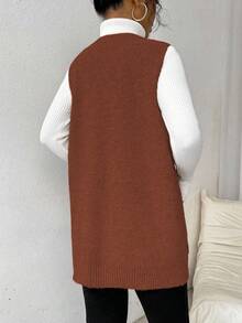 EMERY ROSE Chaleco casual de mujer de punto de unicolor con cuello en V sin mangas, con bolsillos y textura acanalada - Naranja Quemada - Ver 2