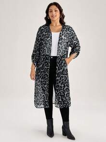 SHEIN LUNE Plus Size Women Leopard Print Lightweight Adjustable Sleeve Long Jacket - Grey - View 4