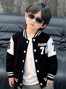 SHEIN 男童字母条纹印花单排扣棒球夹克，长袖，秋冬季时尚之选 - 黑與白 - 查看 3