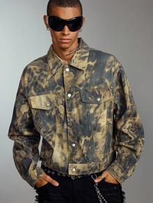 ROMWE MEN Grunge Punk Men's Autumn Leopard Print Single-Breasted Casual Loose Denim Jacket - Brown - View 2