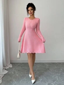 Elenzga 女士束腰 A 字形连衣裙，时尚优雅的粉色麻花针织毛衣裙