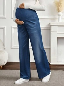 SHEIN 孕妇高腰阔腿宽松休闲百搭牛仔裤 - 藍色 - 查看 3