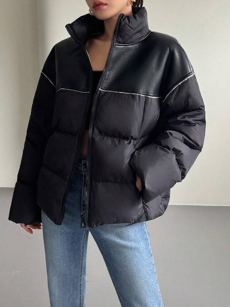 Women's Autumn/Winter PU Leather Patchwork Loose Casual Street Style Padded Coat Jacket